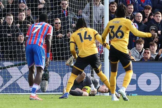 22nd February 2026; Selhurst Park, Selhurst, London, England; Premier League Football, Crystal Palace versus Wolverhampton Wanderers; goalkeeper Dean Henderson of Crystal Palace saves from Tolu Arokodare of Wolverhampton Wanderers penalty kick in the 43rd minute  KatiexChan Content restricted for UK based newspaper