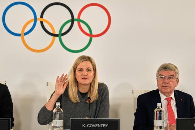 (260222) -- MILAN, Feb. 22, 2026 -- IOC President Kirsty Coventry (L) and former IOC president Thomas Bach attend an IOC session at the Milan-Cortina 2026 Olympic Winter games, Winterspiele,Spiele, Summer games in Milan, Italy, Feb. 22, 2026. ( Pool via Xinhua) (MICO2026)ITALY-MILAN-OLYMPIC WINTER GAMES-IOC SESSION LucaxBruno 