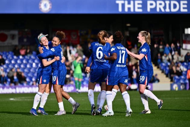 Sam Kerr of Chelsea celebrates scoring her team s first goal during the Adobe Women s FA Cup match between Chelsea and Manchester United, ManU at Kingsmeadow on February 22, 2026 in Kingston upon Thames, England. (Photo by Yaroslav Dunka Sports Press Photo) Copyright: xYaroslavxDunkax xSPPx Sportspressphoto_SPR96265