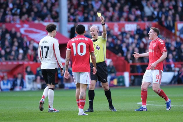 Morgan Gibbs-White of Nottingham Forest recieves a yellow card from Referee Antony Taylor during the Premier league football match between Nottingham Forest and Liverpool FC at the City Ground in Nottingham. Copyright: xPaulxBonser SportsxPressxPhotox Sportspressphoto_SPR96304