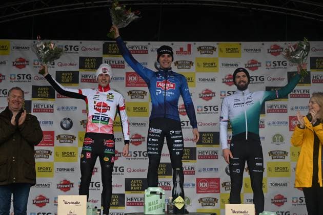 Belgian Yordi Corsus, Belgian Niels Vandeputte and Dutch Joris Nieuwenhuis pictured on the podium after the men s elite race at the Sluitingsprijs Oostmalle cyclocross race, Sunday 22 February 2026, in Oostmalle, the last race of the 2025-2026 cyclocross season. LUCxCLAESSEN  x164533139x