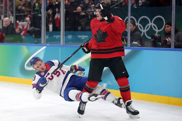 Milano Cortina 2026, Milan, Italy, 22.02, 2026, MiCo2026, MiCo, 2026, Olympics, Olympic, Winter Olympic, Olympic Winter games, Winterspiele,Spiele, Summer games Ice hockey, Eishockey hockey, USA, Canada, final Jake Guentzel of United States and Cale Makar of Canada in action during Ice Hockey final game between Canada and United States of Milano Cortina 2026 Olympic Winter Games in Milan, Italy, 22.02.2026. Photo: Roman Koksarov (RKF) Milan Italy Copyright: xRomanxKoksarovx 0B4A9622.JPG