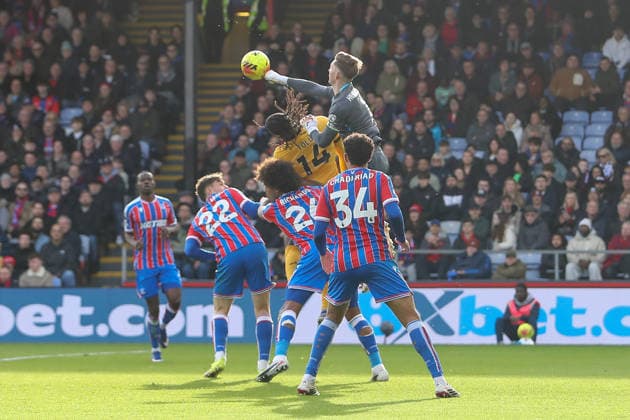 22nd February 2026; Selhurst Park, Selhurst, London, England; Premier League Football, Crystal Palace versus Wolverhampton Wanderers; goalkeeper Dean Henderson of Crystal Palace jumps above Tolu Arokodare of Wolverhampton Wanderers to punch the ball away  KatiexChan Content restricted for UK based newspaper