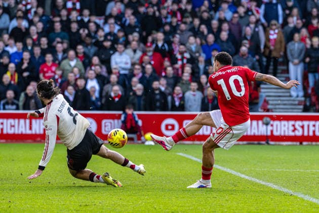 22nd February 2026; The City Ground, Nottingham, England; Premier League Football, Nottingham Forest versus Liverpool; Morgan Gibbs-White of Nottingham Forest shoots at goal but is blocked by Dominik Szoboszlai of Liverpool  GodfreyxPitt Content restricted for UK based newspaper