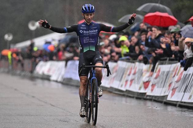Dutch Lars Van Der Haar and pictured crossing the finish line of the men s elite race at the Sluitingsprijs Oostmalle cyclocross race, Sunday 22 February 2026, in Oostmalle, the last race of the 2025-2026 cyclocross season. LUCxCLAESSEN  x164535712x