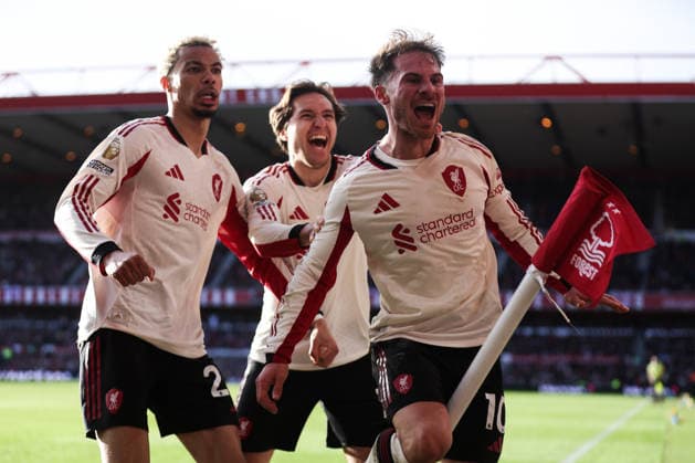 Nottingham, England, 22nd February 2026. Alexis Mac Allister of Liverpool celebrates his goal to make it 0-1 which is later overturned by VAR during the Nottingham Forest vs Liverpool Premier League match at the City Ground, Nottingham. Picture credit should read: Gareth Evans Sportimage EDITORIAL USE ONLY. No use with unauthorised audio, video, data, fixture lists, club league logos or live services. Online in-match use limited to 120 images, no video emulation. No use in betting, games or single club league player publications. SPI_049_NFFC_vs_LFC SPI-4544-0049
