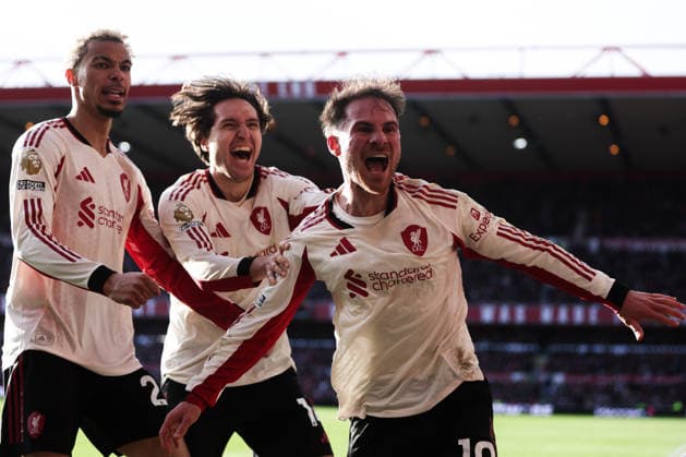 Nottingham, England, 22nd February 2026. Alexis Mac Allister of Liverpool celebrates his goal to make it 0-1 which is later overturned by VAR during the Nottingham Forest vs Liverpool Premier League match at the City Ground, Nottingham. Picture credit should read: Gareth Evans Sportimage EDITORIAL USE ONLY. No use with unauthorised audio, video, data, fixture lists, club league logos or live services. Online in-match use limited to 120 images, no video emulation. No use in betting, games or single club league player publications. SPI_050_NFFC_vs_LFC SPI-4544-0050