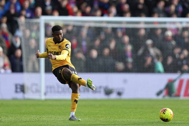 22nd February 2026; Selhurst Park, Selhurst, London, England; Premier League Football, Crystal Palace versus Wolverhampton Wanderers; Yerson Mosquera of Wolverhampton Wanderers passes the ball  KatiexChan Content restricted for UK based newspaper