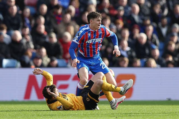 22nd February 2026; Selhurst Park, Selhurst, London, England; Premier League Football, Crystal Palace versus Wolverhampton Wanderers; Jorgen Strand Larsen of Crystal Palace comes together with Santiago Bueno of Wolverhampton Wanderers  KatiexChan Content restricted for UK based newspaper
