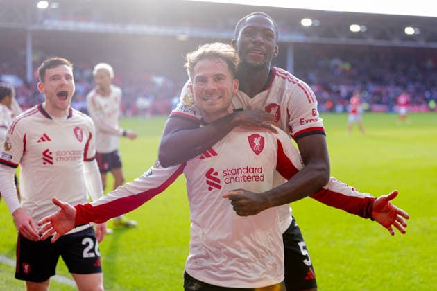 Football - FA Premier League - Nottingham Forest FC v Liverpool FC NOTTINGHAM, ENGLAND - Sunday, February 22, 2026: Liverpool s Alexis Mac Allister celebrates with team-mate Ibrahima KonatÃ (R) after scoring the first goal during the FA Premier League match between Nottingham Forest FC and Liverpool FC at the City Ground. (Photo by David Rawcliffe Propaganda) NOTTINGHAM City Ground NOTTINGHAMSHIRE ENGLAND  Copyright: xDavidxRawcliffex P2026-02-22-Notts_Forest_Liverpool-112