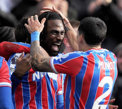 Football - 2025 2026 Premier League - Crystal Palace vs Wolverhampton Wanderers - Selhurst Park - Sunday 22nd February 2026 Crystal Palace goal scorer, Evann Guessand celebrates his goal with Daniel Munoz 