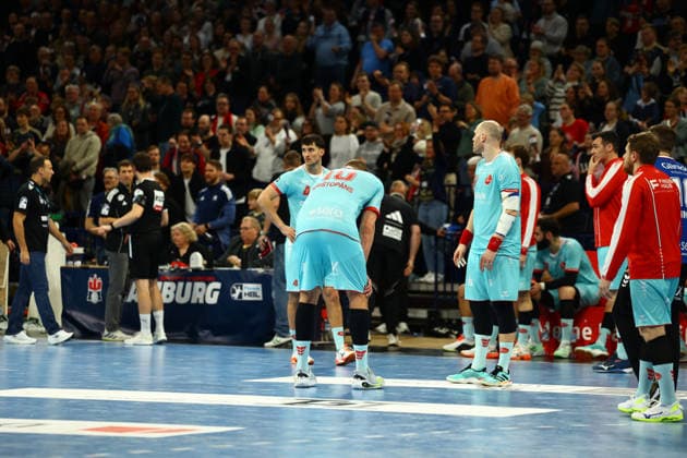 Handball I Herren I Saison 2025 2026 I Bundesliga I 22. Spieltag I HSV Hamburg - MT Melsungen I 22.02.2026 Enttäuschung bei den Spielern der MT Melsungen nach der Niederlage in Hamburg Hamburg Barclaycard Arena Hamburg Deutschland Copyright: xLobeca RalfxHomburgx