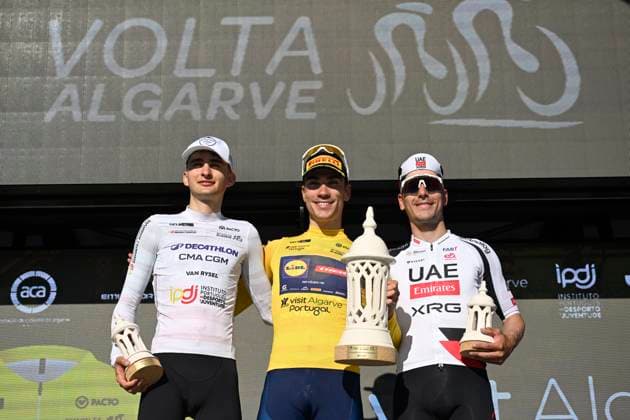 Volta Algarve 2026 Stage 5 ALTO DO MALHAO (LOULE), PORTUGAL - FEBRUARY 22 : Seixas Paul (FRA) of Decathlon CMA CGM Team, Ayuso Juan (ESP) of Lidl - Trek and Almeida Joao (POR) of UAE Team Emirates - XRG pictured during the podium ceremony of stage 5 of the 52th edition of Volta Algarve an UCI ProSeries 2.Pro cycling road race stage for Men Elite of 148.4 km with start in Faro and finish in Alto do Malhao (Loule) on February 22, 2026 in Alto do Malhao (Loule), Portugal, 22 02 2026 ( Motordriver Guy De Vuyst - Alto do Malhao (Loule) Portugal  Copyright: xNicoxVereeckenx