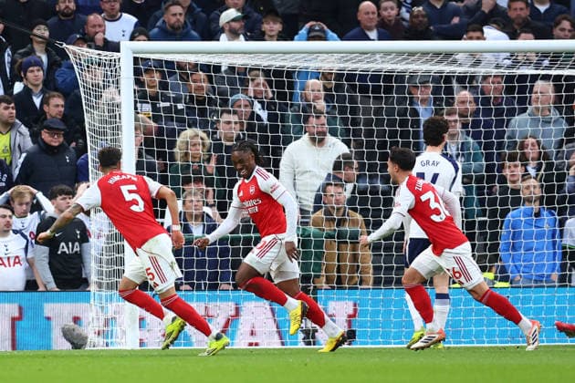London, England, 22nd February 2026. Eberechi Eze of Arsenal celebrates after scoring to make it 1-0 during the Tottenham Hotspur vs Arsenal Premier League match at the Tottenham Hotspur Stadium, London. Picture credit should read: Paul Terry Sportimage EDITORIAL USE ONLY. No use with unauthorised audio, video, data, fixture lists, club league logos or live services. Online in-match use limited to 120 images, no video emulation. No use in betting, games or single club league player publications. SPI_024_PT_Tottenham_Arsenal SPI-4545-0024