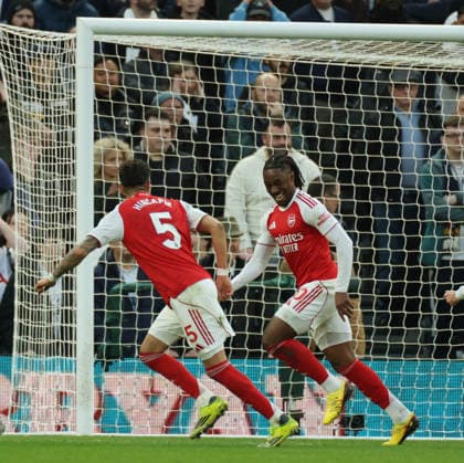 Premier League football, Tottenham v Arsenal Premier League football, The Tottenham Hotspurs Stadium, Tottenham, London, UK. 22.02.2026 Tottenham v Arsenal. Pic shows Arsenals Eze scores 1.nil Photographs by Marc Aspland for The Times & Sunday Times  Copyright: xMarcxAsplandxforxThexTimesx&xSunx NINTCHDBPICT001061341354
