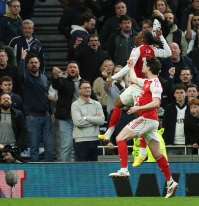 Premier League football, Tottenham v Arsenal Premier League football, The Tottenham Hotspurs Stadium, Tottenham, London, UK. 22.02.2026 Tottenham v Arsenal. Pic shows Arsenals Eze scores 1.nil Photographs by Marc Aspland for The Times & Sunday Times  Copyright: xMarcxAsplandxforxThexTimesx&xSunx NINTCHDBPICT001061341461