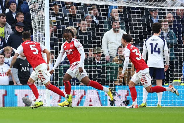 London, England, 22nd February 2026. Eberechi Eze of Arsenal celebrates after scoring to make it 1-0 during the Tottenham Hotspur vs Arsenal Premier League match at the Tottenham Hotspur Stadium, London. Picture credit should read: Paul Terry Sportimage EDITORIAL USE ONLY. No use with unauthorised audio, video, data, fixture lists, club league logos or live services. Online in-match use limited to 120 images, no video emulation. No use in betting, games or single club league player publications. SPI_025_PT_Tottenham_Arsenal SPI-4545-0025