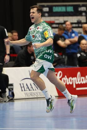 GER, 1.DAIKIN HBL, Bergischer HC vs. Fuechse Berlin 22.02.2026, Mitsubishi Electric HALLE, Duesseldorf, GER, 1.DAIKIN HBL, Bergischer HC vs. Fuechse Berlin , im Bild: Torjubel Jubel Jubellauf, Tim Freihöfer (Fuechse Berlin 20),