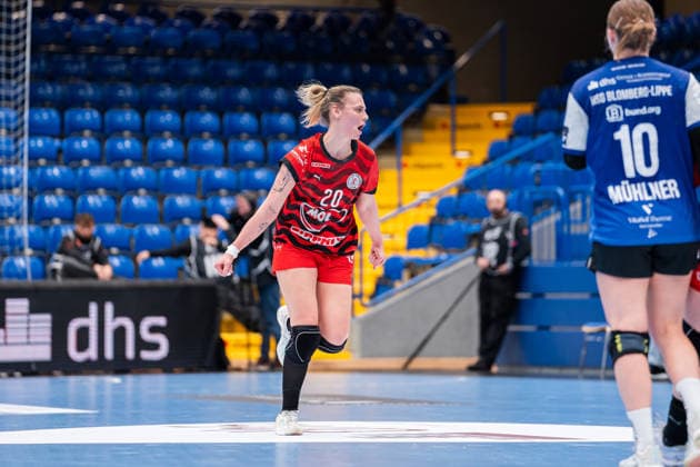 HSG Blomberg-Lippe (GER) vs. MOL Esztergom (HUN), Handball, EHF European League Women, Gruppenphase, 22.2.2026, Saision 2025 2026, Lemgo Apollonia Szmolek (MOL Esztergom, 20) jubelt nach einem Tor Lemgo Phoenix Contact Arena Deutschland