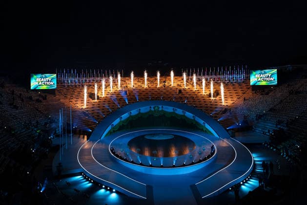Winter Olympics - View of Arena di Verona Prior To Closing Ceremony A general view of the stage in Arena di Verona prior the Closing Ceremony of the Olympic Winter games, Winterspiele,Spiele, Summer games Milano-Cortina 2026, on February 22, 2026 at Arena di Verona in Verona, Italy. Photo by Sergio Bisi IPA ABACAPRESS.COM Verona Italy  Copyright: xIPA ABACAx