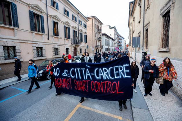 Protestors demonstrate before the Closing Ceremony of the Milano Cortina 2026 Olympic Games, Olympische Spiele, Olympia, OS outside the Verona Arena in Verona, Italy on Sunday, February 22, 2026. Norway won the most medals with a total of 41, with the United States following at 33.  ITA20260222802 AARONxJOSEFCZYK