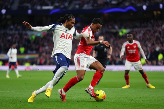 22nd February 2026; Tottenham Hotspur Stadium, London, England; Premier League Football, Tottenham Hotspur versus Arsenal; Jurrien Timber of Arsenal under pressure from Djed Spence of Tottenham Hotspur  JPxFletcher Content restricted for UK based newspaper