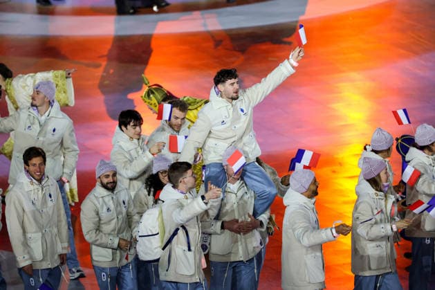Athletes from Team France arrive during the Closing Ceremony of the Milano Cortina 2026 Olympic Games, Olympische Spiele, Olympia, OS at Verona Arena in Verona, Italy, on Sunday, February 22, 2026. Norway won the most medals with a total of 41, with the United States following at 33.  ITA20260222127 AARONxJOSEFCZYK