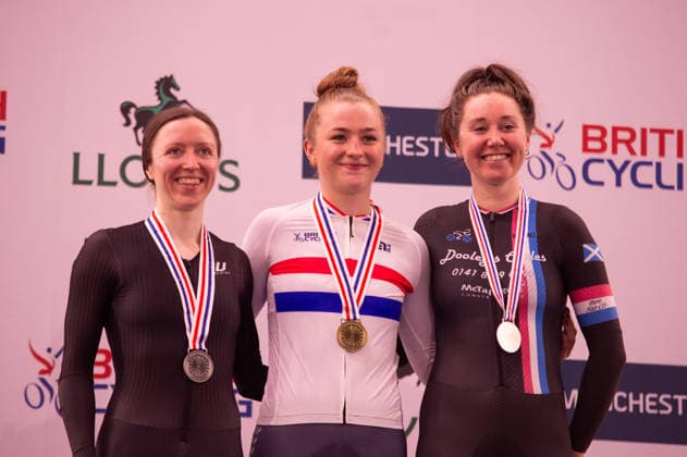 Podium for the Womens Elimination race. Lloyds National Track cycling, Rad, Radsport, Bahnrad, Bahn Championship, National Cycling Centre, Manchester, England, 22nd Feb 2026. Copyright: xSeanxWalshx Sportspressphoto_SPR96630