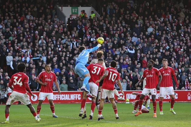 NOTTINGHAM, ENGLAND - FEBRUARY 22: Stefan Ortega of Nottingham Forest punches clear during the Premier League match between Nottingham Forest and Liverpool at City Ground on February 22, 2026 in Nottingham, England. (Photo by James Holyoak) SPO 