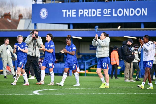 Chelsea players after the Adobe Women s FA Cup match between Chelsea and Manchester United, ManU at Kingsmeadow on February 22, 2026 in Kingston upon Thames, England. (Photo by Yaroslav Dunka Sports Press Photo) Copyright: xYaroslavxDunkax xSPPx Sportspressphoto_SPR96823
