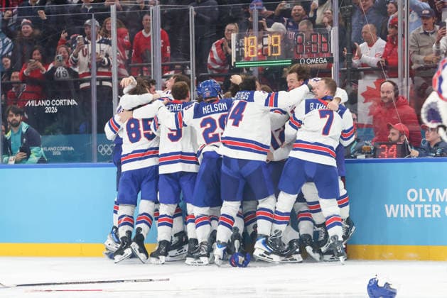 February 22, 2026: Team United States celebrates after winning in overtime of the Mens Ice hockey, Eishockey Gold Medal game between Canada and USA held at Milano Santagiulia Ice Hockey Arena during the Milano Cortina 2026 Olympic Games, Olympische Spiele, Olympia, OS in Milan, Italy. MilanoCortina2026 Milan Italy - ZUMAc04_ 20260222_zma_c04_047 Copyright: xDanielxLeax