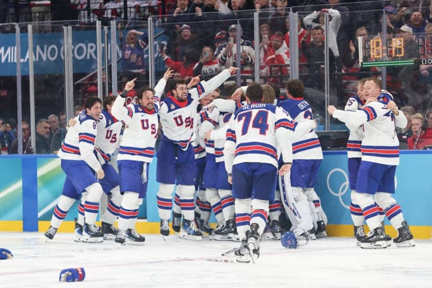 February 22, 2026: Team United States celebrates after winning in overtime of the Mens Ice hockey, Eishockey Gold Medal game between Canada and USA held at Milano Santagiulia Ice Hockey Arena during the Milano Cortina 2026 Olympic Games, Olympische Spiele, Olympia, OS in Milan, Italy. MilanoCortina2026 Olympics Milano Cortina 2026: Gold Medal Game Mens Ice Hockey Canada Vs United States Feb 22  - ZUMAc04_ 20260222_zma_c04_050 Copyright: xDanielxLeax