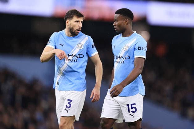Football - Premier League - Manchester City v Newcastle United 21st February 2026 - Premier League - Manchester City v Newcastle United - Ruben Dias of Manchester City (L) talks to Marc Guehi of Manchester City - Photo: Simon Stacpoole Offside. Manchester UK Copyright: xSimonxStacpoolexOffside