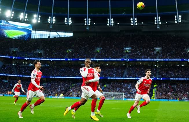 Eberechi Eze of Arsenal celebrates scoring the opening goal Tottenham Hotspur v Arsenal, Premier League, Football, Tottenham Hotspur Stadium, London, UK - 22 Feb 2026London Tottenham Hotspur Stadium United Kingdom EDITORIAL USE ONLY No use with unauthorised audio, video, data, fixture lists, club league logos or live services. Online in-match use limited to 120 images, no video emulation. No use in betting, games or single club league player publications. Copyright: xJavierxGarcia Shutterstockx 16681578cf