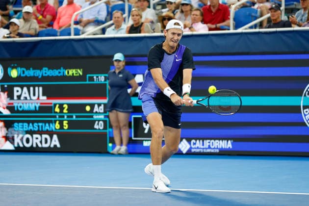 DELRAY BEACH, FL - FEBRUARY 22: Sebastian Korda (USA) in action during Mens his Final match against Tommy Paul (USA) at the Delray Beach Open on February 22, 2026, at Delray Beach Stadium & Tennis Center in Delray Beach, Florida.(Photo by Chris Arjoon Icon Sportswire). TENNIS: FEB 22 Delray Beach Open EDITORIAL USE ONLY Icon2602210010206