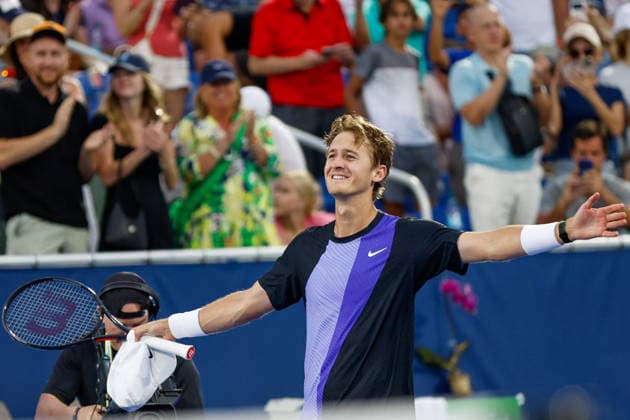 DELRAY BEACH, FL - FEBRUARY 22: Sebastian Korda (USA) celebrates after his Mens Final match against Tommy Paul (USA) at the Delray Beach Open on February 22, 2026, at Delray Beach Stadium & Tennis Center in Delray Beach, Florida.(Photo by Chris Arjoon Icon Sportswire). TENNIS: FEB 22 Delray Beach Open EDITORIAL USE ONLY Icon2602210010216