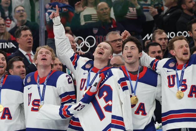 Olympics Milano Cortina 2026: Gold Medal Game Mens Ice hockey, Eishockey Canada Vs United States Feb 22 February 22, 2026: Brady Tkachuk (7) and Zach Werenski (8) of the United States display the jersey of Johnny Gaudreau (13) in memorium during the Gold medal ceremony following the Mens Ice Hockey Gold Medal game between Canada and USA held at Milano Santagiulia Ice Hockey Arena during the Milano Cortina 2026 Olympic Games, Olympische Spiele, Olympia, OS in Milan, Italy. MilanoCortina2026 Daniel Lea (Credit Image: Â Daniel Lea Cal Media) Milan Italy EDITORIAL USE ONLY Copyright: xx ZUMA-20260222_zma_c04_110.jpg DanielxLeax csmphotothree475250