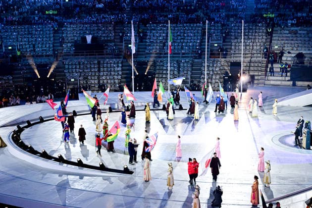 General view and Italian flag at Olympic Closing Ceremony, at the Olympic Winter games, Winterspiele,Spiele, Summer games Milano Cortina 2026, at Verona Arena, on February 22, 2026 in Verona, Italy. Noxthirdxpartyxsales  aflo_320982454