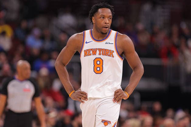 CHICAGO, IL - FEBRUARY 22: OG Anunoby 8 of the New York Knicks looks on during the first half against the Chicago Bulls on February 22, 2026 at the United Center in Chicago, Illinois. (Photo by Melissa Tamez Icon Sportswire) NBA, Basketball Herren, USA FEB 22 New York Knicks at Chicago Bulls EDITORIAL USE ONLY Icon260222017
