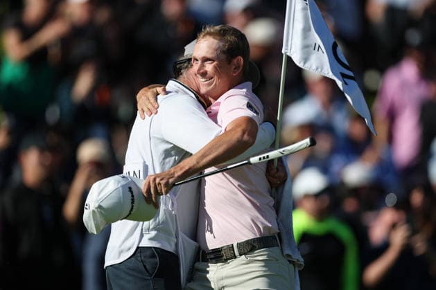 February 22, 2026, Pacific Palisades, California, USA: JACOB BRIDGEMAN celebrates with caddie GERALD Ã¢â‚¬oeGWÃ¢â‚¬Â CABLE after winning the the Genesis Invitational at the Riviera Country club in Pacific Palisades, California. Pacific Palisades USA - ZUMAt158 20260222_zsp_t158_161 Copyright: xBrentonxTsex