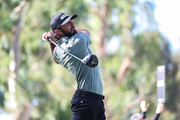 February 22, 2026, Pacific Palisades, California, USA: MAX HOMA hits a tee shot on the 9th hole during the final round of the Genesis Invitational at the Riviera Country club in Pacific Palisades, California. Golf_PGATour_GenesisInvitational_FinalRound  - ZUMAt158 20260222_zsp_t158_204 Copyright: xBrentonxTsex
