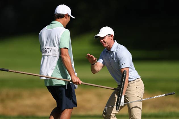 February 22, 2026, Pacific Palisades, California, USA: RORY MCILROY celebrates with caddie Harry Diamond after holing out from a bunker shot during the final round of the Genesis Invitational at the Riviera Country club in Pacific Palisades, California. Pacific Palisades USA - ZUMAt158 20260222_zsp_t158_196 Copyright: xBrentonxTsex
