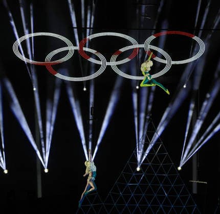 Milan Cortina Olympics: Closing ceremony Performers and the Olympic rings are pictured during the closing ceremony of the Milan Cortina Olympics at the Verona Olympic Arena, a Roman amphitheater in Verona, Italy, on Feb. 22, 2026. (Pool photo)  A14AA0005317957P