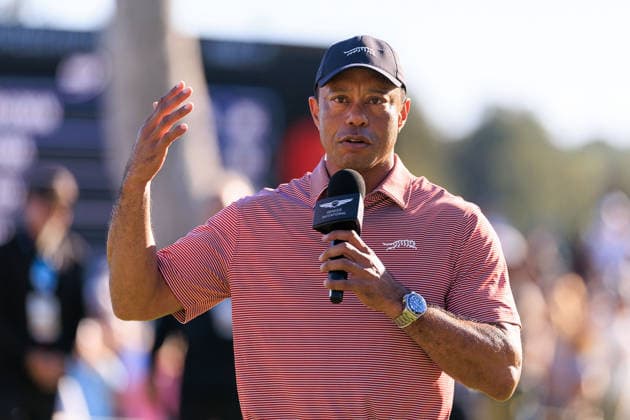 February 22, 2026, Pacific Palisades, California, USA: Tiger Woods speaks during the award ceremony after Jacob Bridgeman won the final round of the 2026 Genesis Invitational golf tournament on Sunday, February 22, 2026, at the Riviera Country Club in Pacific Palisades, California. JAVIER ROJAS PI Pacific Palisades USA - ZUMAp124 20260222_zaa_p124_163 Copyright: xJavierxRojasx