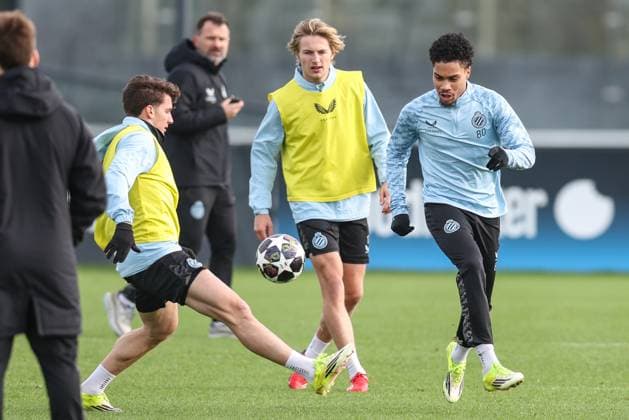 Club s Christos Tzolis, Club s Romeo Vermant and Club s Felix Lemarechal pictured during a training session of Belgian soccer team Club Brugge, in Knokke-Heist, on Monday 23 February 2026. Tomorrow, Club Brugge will play against Spanish team Atletico Madrid, a return leg game in the Knockout phase play-offs of the UEFA Champions League tournament. BRUNOxFAHY  x164617458x