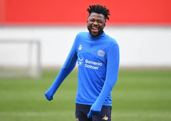 23.02.2026, xophax, Fussball , UEFA Champions League , 2025 2026 , Training von Bayer Leverkusen vor dem Spiel gegen Olympiakos Piräus. Edmond Tapsoba (Bayer Leverkusen ) Leverkusen *** 23 02 2026, xophax, Football , UEFA Champions League , 2025 2026 , Training of Bayer Leverkusen before the match against Olympiakos Piraeus Edmond Tapsoba Bayer Leverkusen Leverkusen