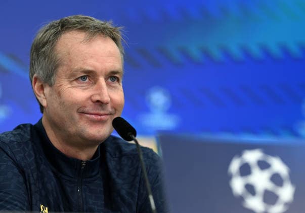 23.02.2026, xophax, Fussball , UEFA Champions League , 2025 2026 , Pressekonferenz von Bayer Leverkusen vor dem Spiel gegen Olympiakos Piräus. Trainer Kasper Hjulmand ( Bayer 04 Leverkusen ) Leverkusen