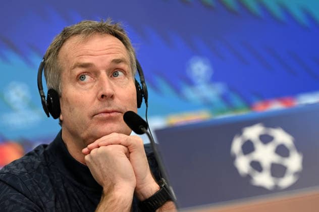 23.02.2026, xophax, Fussball , UEFA Champions League , 2025 2026 , Pressekonferenz von Bayer Leverkusen vor dem Spiel gegen Olympiakos Piräus. Trainer Kasper Hjulmand ( Bayer 04 Leverkusen ) Leverkusen *** 23 02 2026, xophax, Football , UEFA Champions League , 2025 2026 , Bayer Leverkusen press conference before the match against Olympiakos Piraeus Coach Kasper Hjulmand Bayer 04 Leverkusen Leverkusen