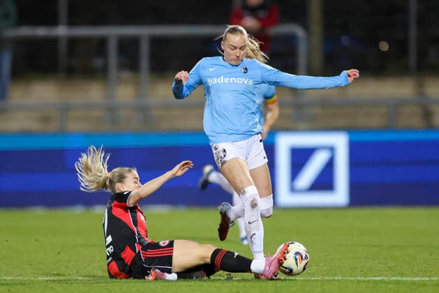 Nadine Riesen (Eintracht Frankfurt) und Tessa Blumenberg (SC Freiburg) kaempfen um den Ball, Google Pixel Frauen-Bundesliga, Eintracht Frankfurt v SC Freiburg, Stadion am Brentanobad am 23. February 2026 in Frankfurt, Deutschland. (Foto von Marco Steinbrenner DeFodi Images) Nadine Riesen (Eintracht Frankfurt) und Tessa Blumenberg (SC Freiburg) battle for the ball, Google Pixel Frauen-Bundesliga, Eintracht Frankfurt v SC Freiburg, Stadion am Brentanobad, February 23, 2026 in Frankfurt, Germany. (Photo by Marco Steinbrenner DeFodi Images) DFB DFL REGULATIONS PROHIBIT ANY USE OF PHOTOGRAPHS AS IMAGE SEQUENCES AND OR QUASI-VIDEO. -