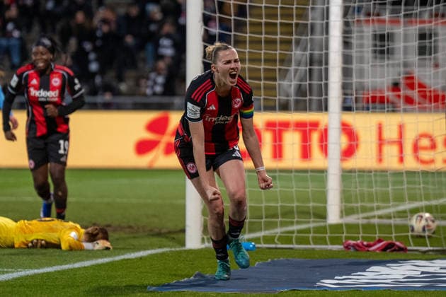 23.02.2026, xhfmx, Fussball Google Pixel Frauen-Bundesliga, Eintracht Frankfurt - SC Freiburg Laura Freigang (Eintracht Frankfurt Frauen) bejubelt Ihren Treffer zum 1:0 gegen Freiburg. Tor, Goal, Jubel, Celebration (DFL DFB REGULATIONS PROHIBIT ANY USE OF PHOTOGRAPHS as IMAGE SEQUENCES and or QUASI-VIDEO) Frankfurt am Main